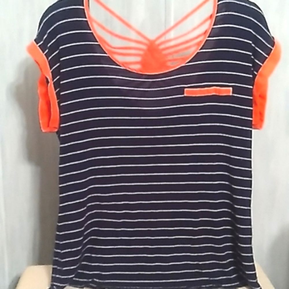 Vanity Large Black Stripes Peach Attcents Short Sleeves Round Neck